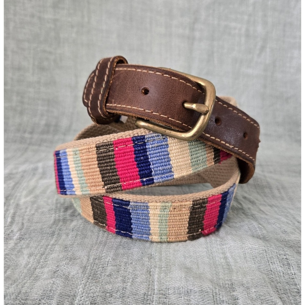 Men's Woven Canvas Multicolor Striped l Belt with Leather End Straps Size 36
